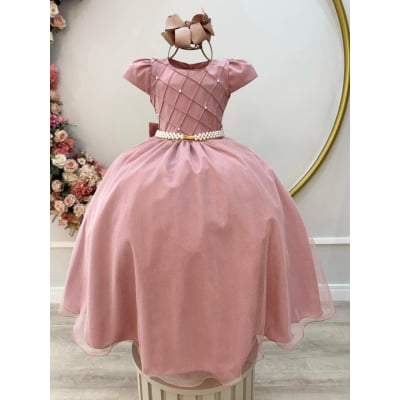 Vestido Infantil Longo Rose Busto Nervura Festas Daminhas