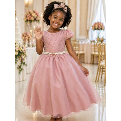 Vestido Infantil Longo Rose Busto Nervura Festas Daminhas
