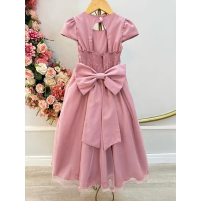 Vestido Infantil Longo Rose Busto Nervura Festas Daminhas