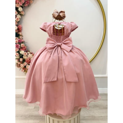 Vestido Infantil Longo Rose Busto Nervura Festas Daminhas