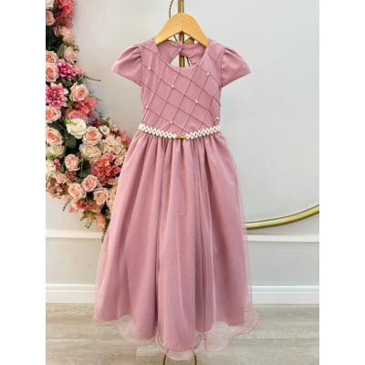 Vestido Infantil Longo Rose Busto Nervura Festas Daminhas