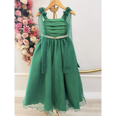 Vestido Infantil Longo Verde C/ Aplique Borboletas Formatura