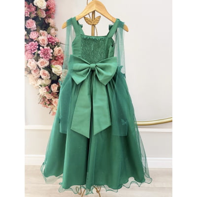 Vestido Infantil Longo Verde C/ Aplique Borboletas Formatura