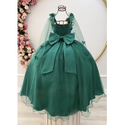 Vestido Infantil Longo Verde C/ Aplique de Borboletas Festas