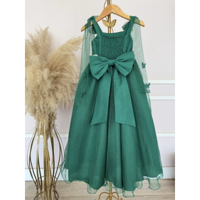 Vestido Infantil Longo Verde C/ Aplique de Borboletas Festas