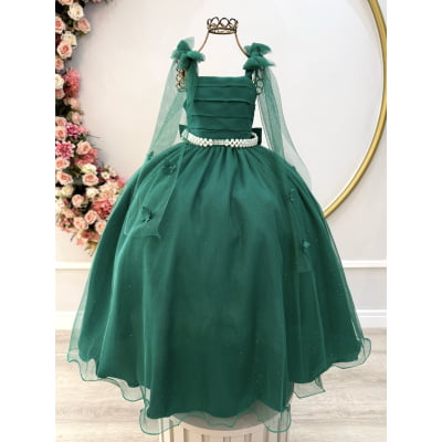 Vestido Infantil Longo Verde C/ Aplique de Borboletas Festas