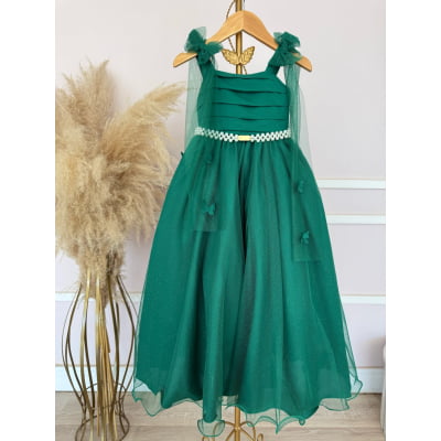 Vestido Infantil Longo Verde C/ Aplique de Borboletas Festas