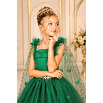 Vestido Infantil Longo Verde C/ Aplique de Borboletas Festas