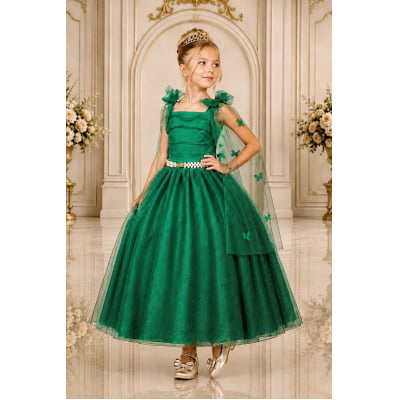 Vestido Infantil Longo Verde C/ Aplique de Borboletas Festas