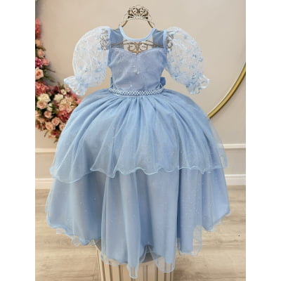 Vestido Infantil Azul Busto C/ Renda Daminhas Festas Luxo Vestido Infantil Azul Busto C/ Renda Daminhas Festas Luxo