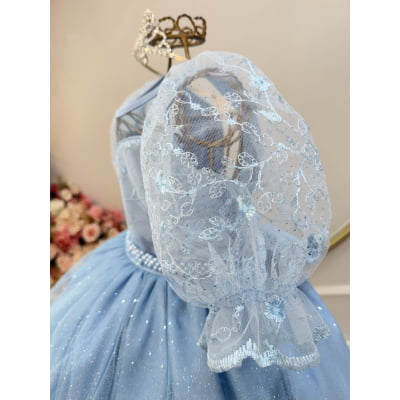 Vestido Infantil Azul Busto C/ Renda Daminhas Festas Luxo