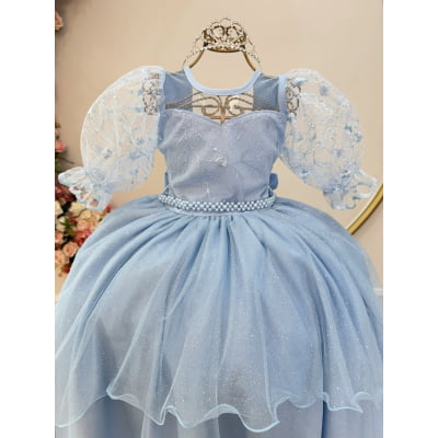 Vestido Infantil Azul Busto C/ Renda Daminhas Festas Luxo