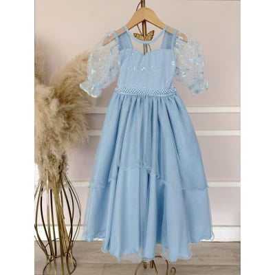 Vestido Infantil Azul Busto C/ Renda Daminhas Festas Luxo