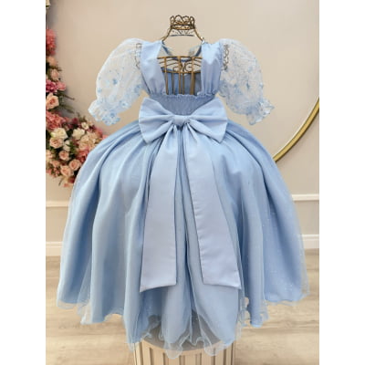 Vestido Infantil Azul Busto C/ Renda Daminhas Festas Luxo
