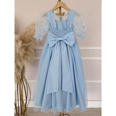 Vestido Infantil Azul Busto C/ Renda Daminhas Festas Luxo