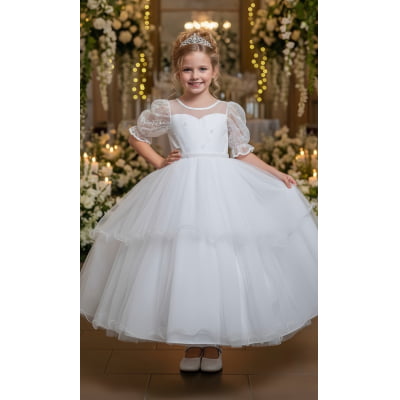 Vestido Infantil Branco Busto C/ Renda Daminhas Festas Luxo Vestido Infantil Branco Busto C/ Renda Daminhas Festas Luxo