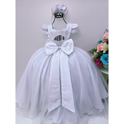 Vestido Infantil Branco Peito Nervura Broche Flor Luxo