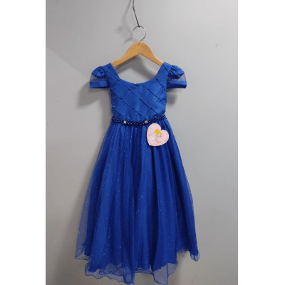 Vestido Infantil Longo Azul Royal C/ Busto Nervura Damas