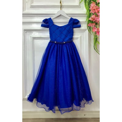 Vestido Infantil Longo Azul Royal C/ Busto Nervura Damas