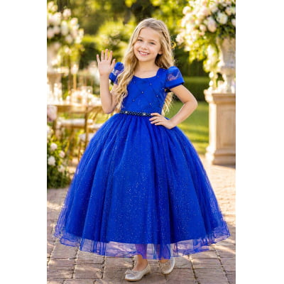 Vestido Infantil Longo Azul Royal C/ Busto Nervura Damas
