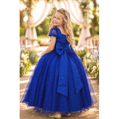Vestido Infantil Longo Azul Royal C/ Busto Nervura Damas