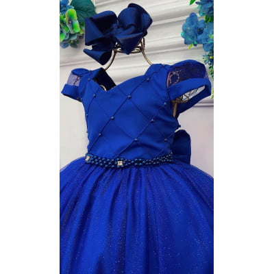 Vestido Infantil Longo Azul Royal C/ Busto Nervura Damas