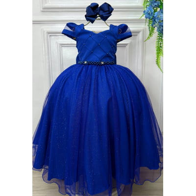 Vestido Infantil Longo Azul Royal C/ Busto Nervura Damas