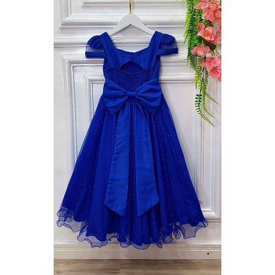 Vestido Infantil Longo Azul Royal C/ Busto Nervura Damas