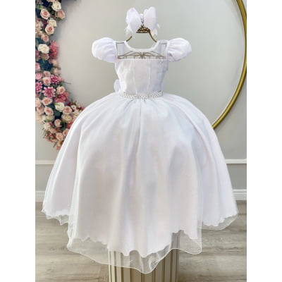 Vestido Infantil Longo Branco Busto Renda e Bordado Damas Luxo