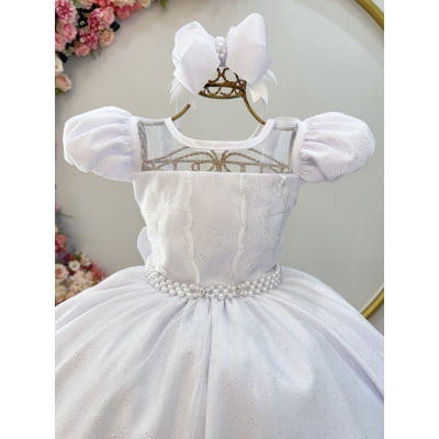 Vestido Infantil Longo Branco Busto Renda e Bordado Damas Luxo
