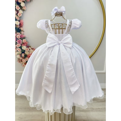 Vestido Infantil Longo Branco Busto Renda e Bordado Damas Luxo