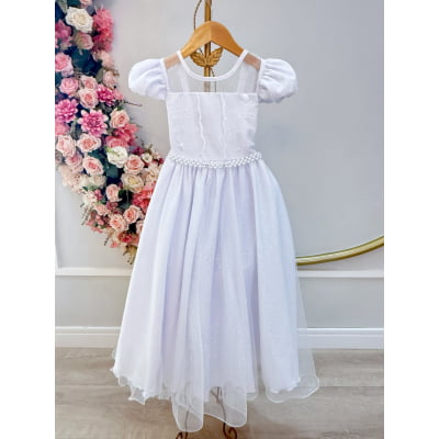 Vestido Infantil Longo Branco Busto Renda e Bordado Damas Luxo
