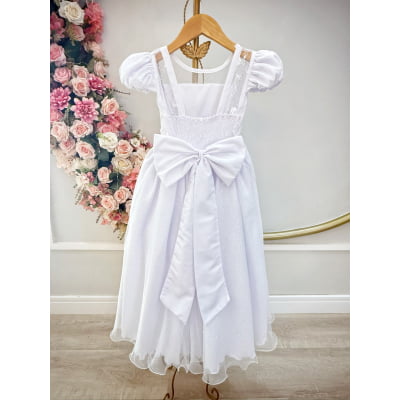 Vestido Infantil Longo Branco Busto Renda e Bordado Damas Luxo