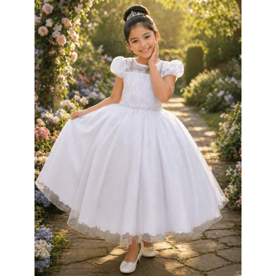 Vestido Infantil Longo Branco Busto Renda e Bordado Damas Luxo