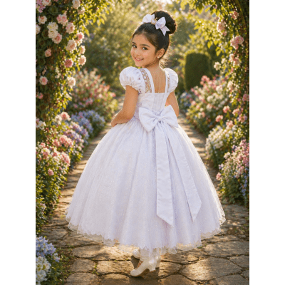 Vestido Infantil Longo Branco Busto Renda e Bordado Damas Luxo