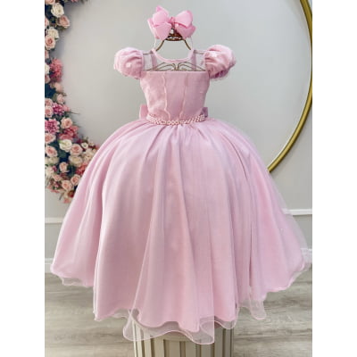 Vestido Infantil Longo Rosa Busto Renda e Bordado Damas Luxo Vestido Infantil Longo Rosa Busto Renda e Bordado Damas Luxo