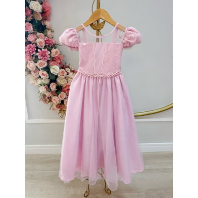 Vestido Infantil Longo Rosa Busto Renda e Bordado Damas Luxo