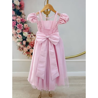 Vestido Infantil Longo Rosa Busto Renda e Bordado Damas Luxo
