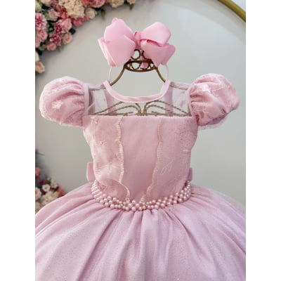 Vestido Infantil Longo Rosa Busto Renda e Bordado Damas Luxo