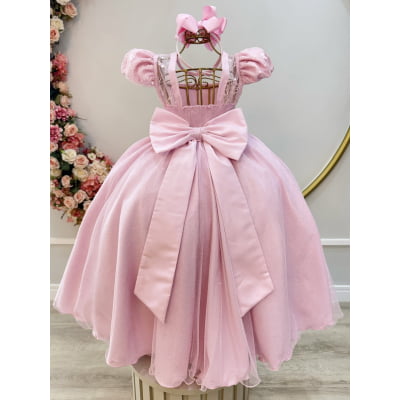 Vestido Infantil Longo Rosa Busto Renda e Bordado Damas Luxo