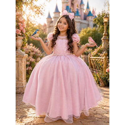 Vestido Infantil Longo Rosa Busto Renda e Bordado Damas Luxo