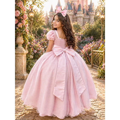 Vestido Infantil Longo Rosa Busto Renda e Bordado Damas Luxo