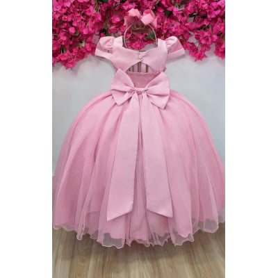 Vestido Infantil Longo Rose Busto Nervura Pérolas Damas Luxo
