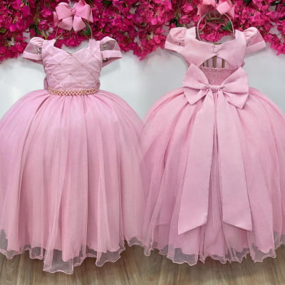 Vestido Infantil Longo Rose Busto Nervura Pérolas Damas Luxo