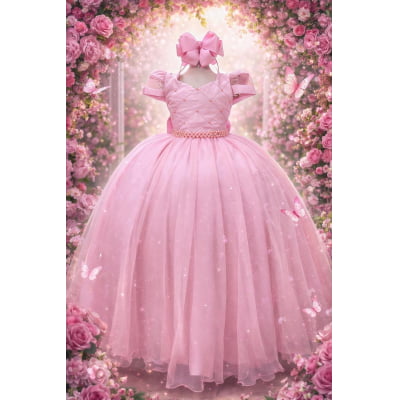 Vestido Infantil Longo Rose Busto Nervura Pérolas Damas Luxo