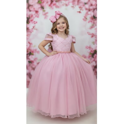 Vestido Infantil Longo Rose Busto Nervura Pérolas Damas Luxo