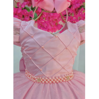 Vestido Infantil Longo Rose Busto Nervura Pérolas Damas Luxo
