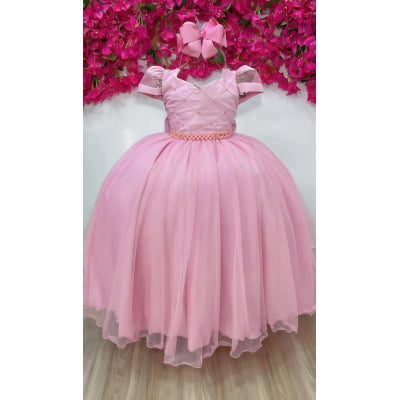 Vestido Infantil Longo Rose Busto Nervura Pérolas Damas Luxo