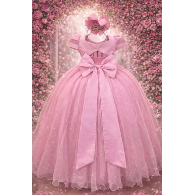 Vestido Infantil Longo Rose Busto Nervura Pérolas Damas Luxo
