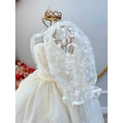 Vestido Infantil Off White Busto C/ Renda Daminhas Festas Luxo